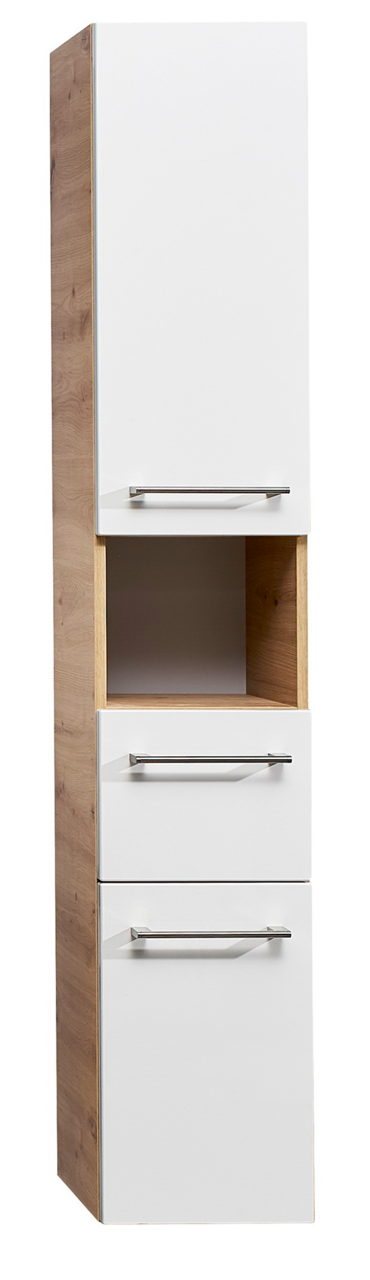 Moderner Hochschrank mit weißer Front und Holzseiten, drei Schubladen und einem offenen Fach, Frontalansicht.