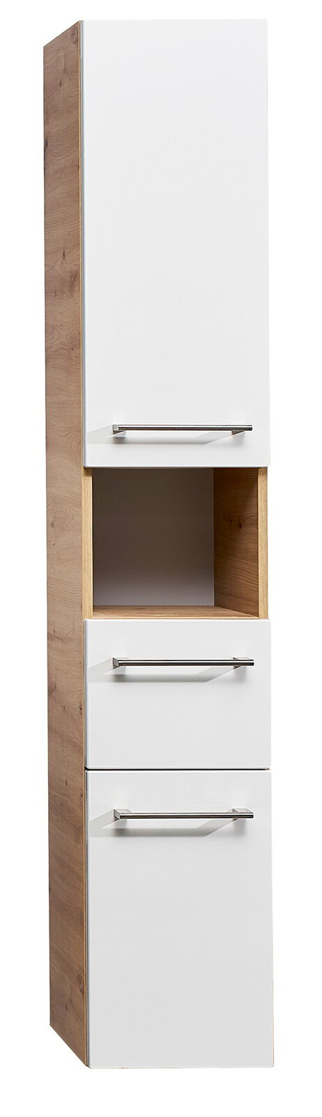 Sadena Hochschrank PLAKA Moderner Hochschrank mit weißer Front und Holzseiten, drei Schubladen und einem offenen Fach, Frontalansicht.