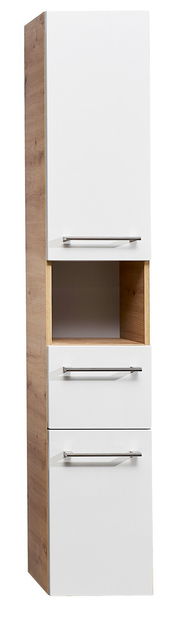 Moderner Hochschrank mit weißer Front und Holzseiten, drei Schubladen und einem offenen Fach, Frontalansicht.