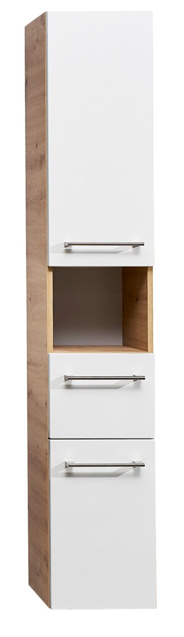 Sadena Hochschrank PLAKA Moderner Hochschrank mit weißer Front und Holzseiten, drei Schubladen und einem offenen Fach, Frontalansicht.