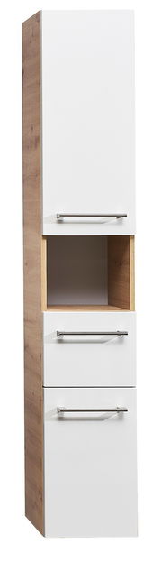 Moderner Hochschrank mit weißer Front und Holzseiten, drei Schubladen und einem offenen Fach, Frontalansicht.