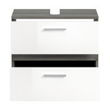Waschbeckenunterschrank mit zwei Schubladen, weiße Fronten und graue Oberseite, Frontalansicht