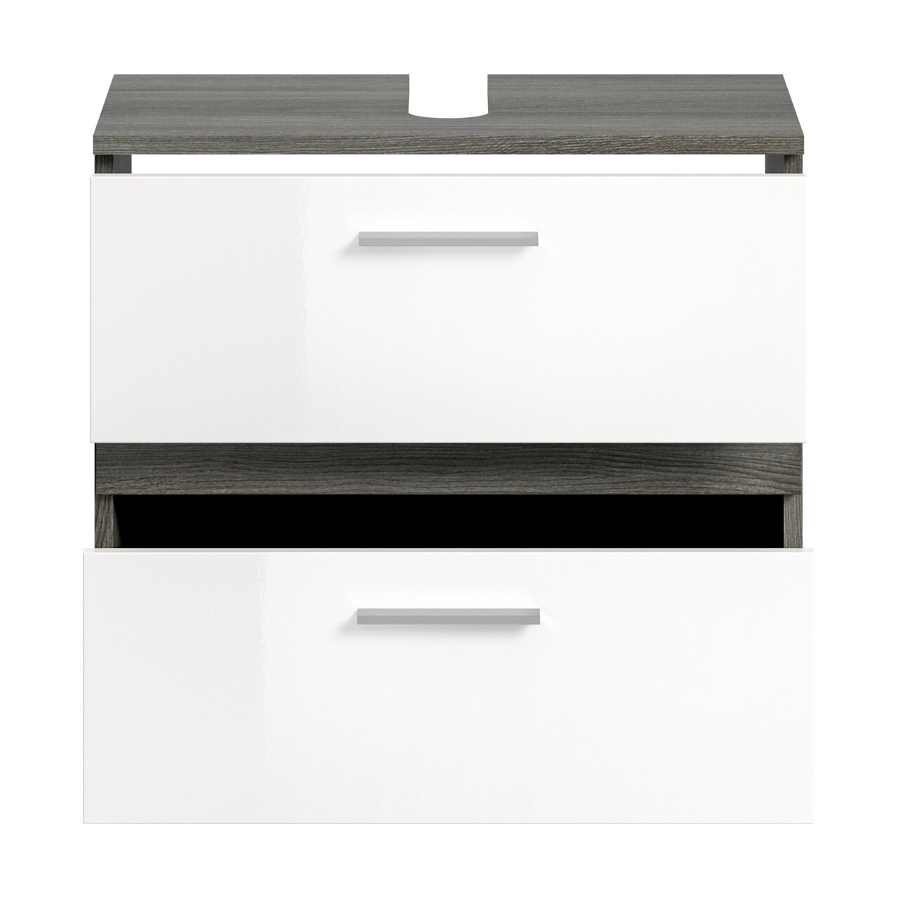 Waschbeckenunterschrank mit zwei Schubladen, weiße Fronten und graue Oberseite, Frontalansicht