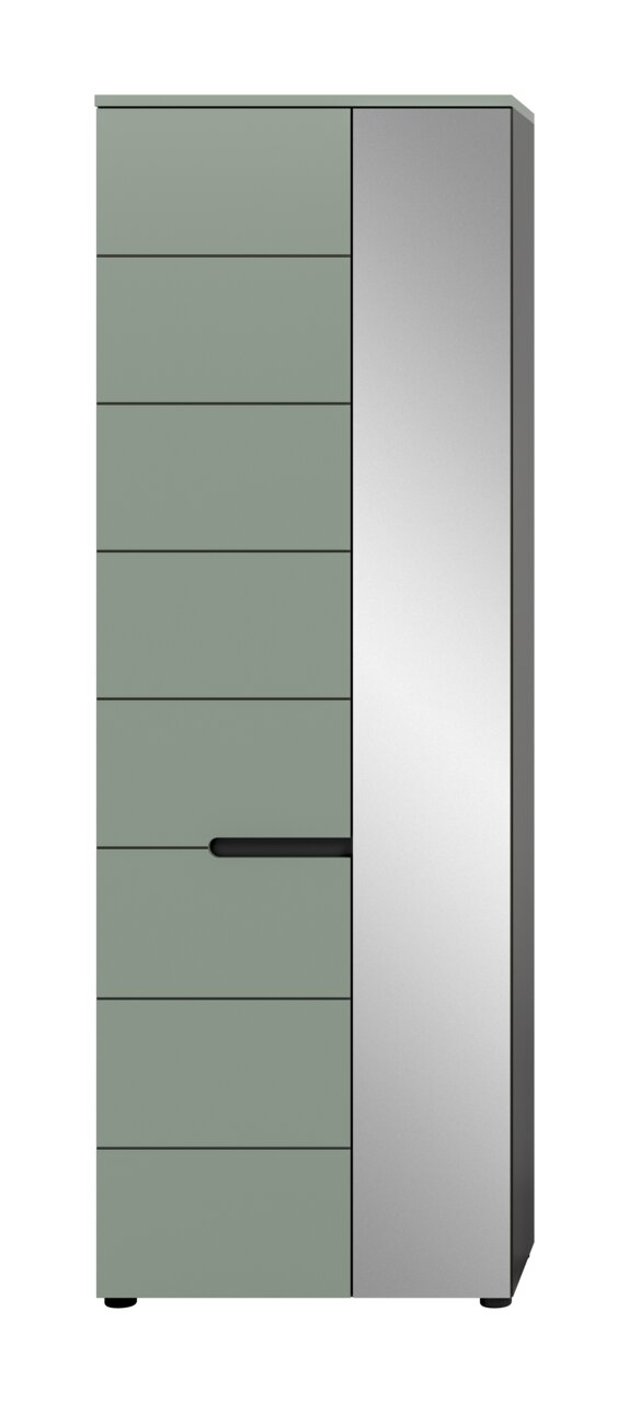 Moderner hoher Schrank in Salbeigrün mit horizontalen Frontlinien, seitlicher silberner Blende und schwarzem Griff, Frontansicht leicht von rechts