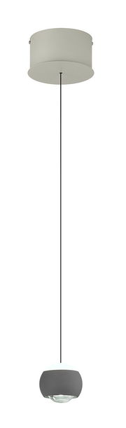 Moderne Pendelleuchte Musterring CANNON in seitlicher Perspektive, mit zylindrischem Baldachin und kugelförmigem Lampenschirm.