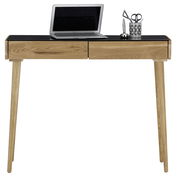 Schreibtisch aus Holz mit zwei Schubladen, darauf ein Laptop und ein Stiftehalter, frontale Ansicht