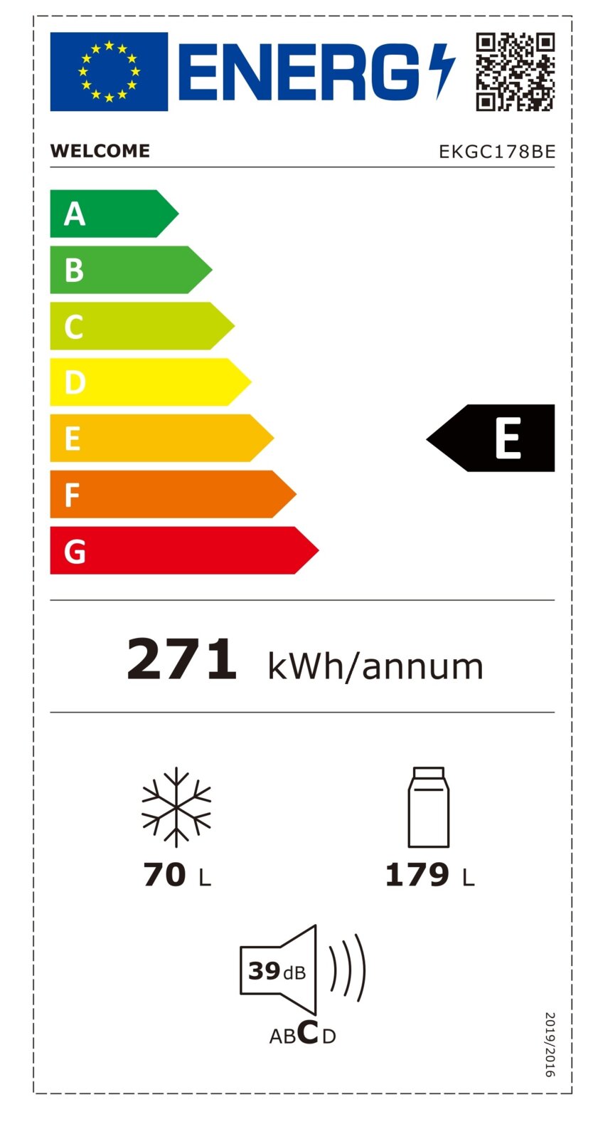EU-energielabel voor koel-vriescombinatie, energieklasse E, 271 kWh/jaar, 70 L vriezer en 179 L koelkast, geluidsniveau 39 dB, frontaal aanzicht