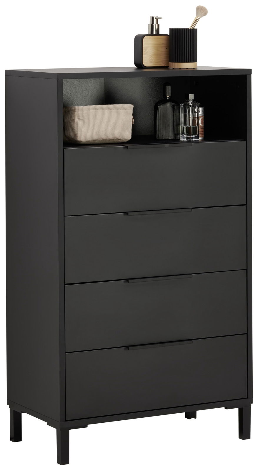 Stylife Highboard INOVA Schwarzes Highboard mit vier Schubladen und einem offenen Fach, frontal fotografiert. Dekorative Gegenstände auf der Oberseite.