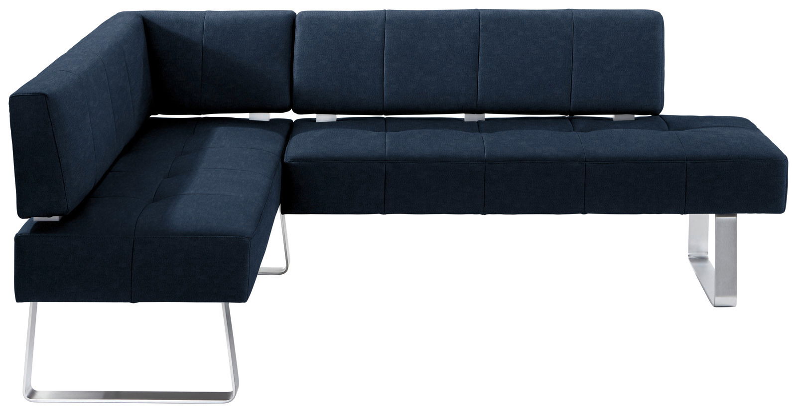 Eckbank in dunkelblauem Stoff mit Metallbeinen, Ansicht von vorne