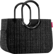 Zwarte shopper of draagtas van gemêleerde stof, met twee afgeronde handvatten en een rood „reisenthel“-label, vooraanzicht in lichte schuine hoek tegen een witte achtergrond