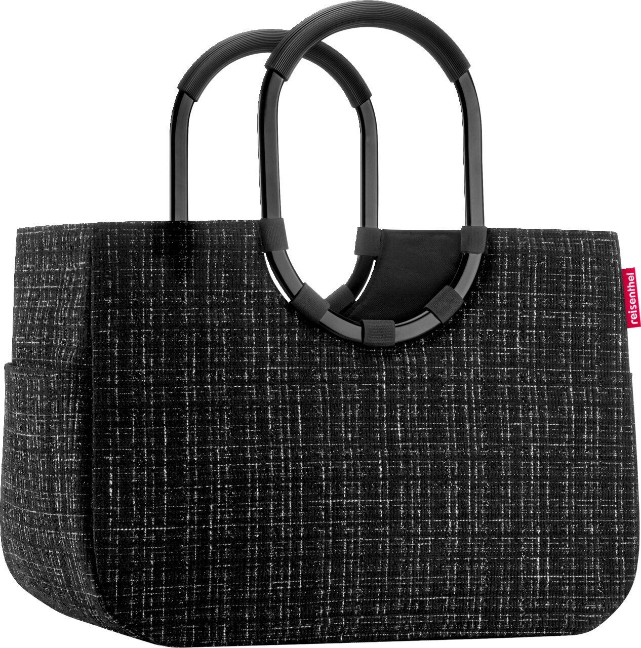 Zwarte shopper of draagtas van gemêleerde stof, met twee afgeronde handvatten en een rood „reisenthel“-label, vooraanzicht in lichte schuine hoek tegen een witte achtergrond