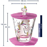 Kinderdrinkset met eenhoornmotief, bestaande uit een glas met roze deksel en onderzetter, zijaanzicht