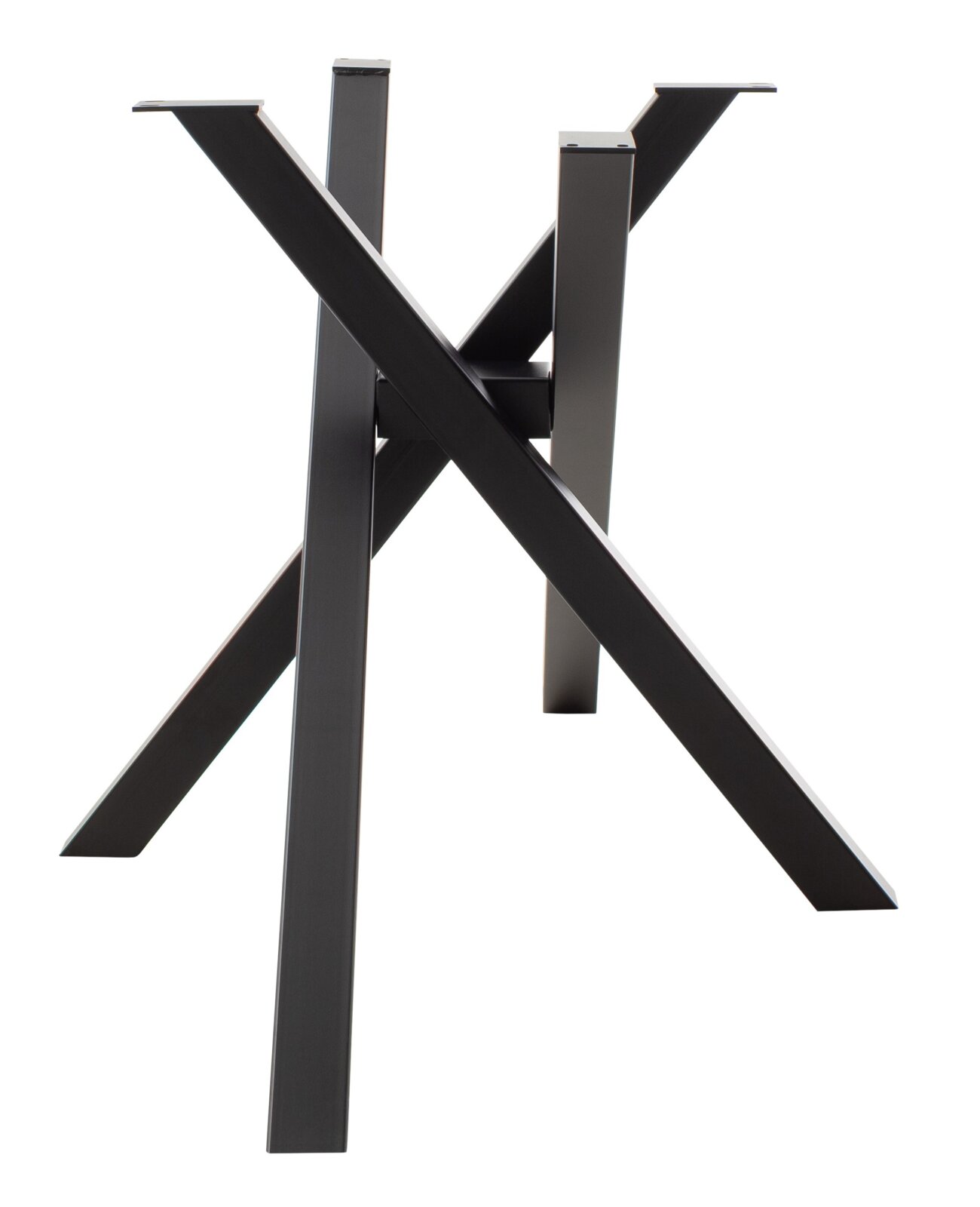 Schwarzes, modernes Tischgestell aus Metall in X-Form, seitliche Perspektive