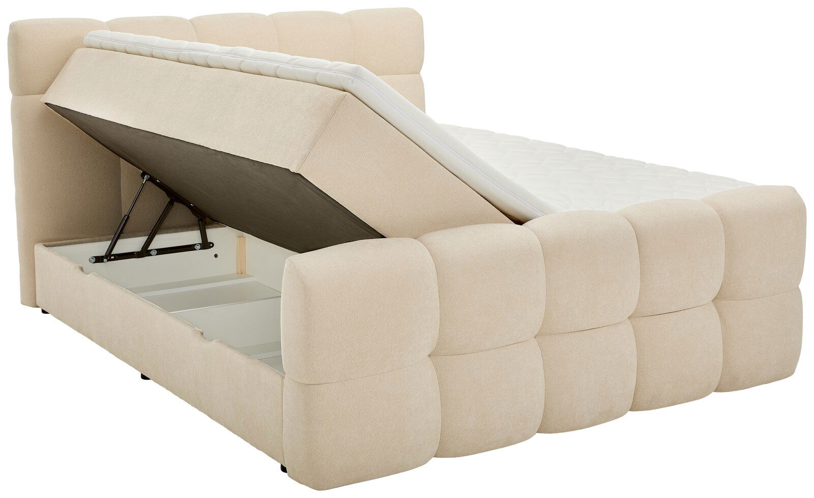 Beiges Boxbett mit Stauraum, seitliche Perspektive