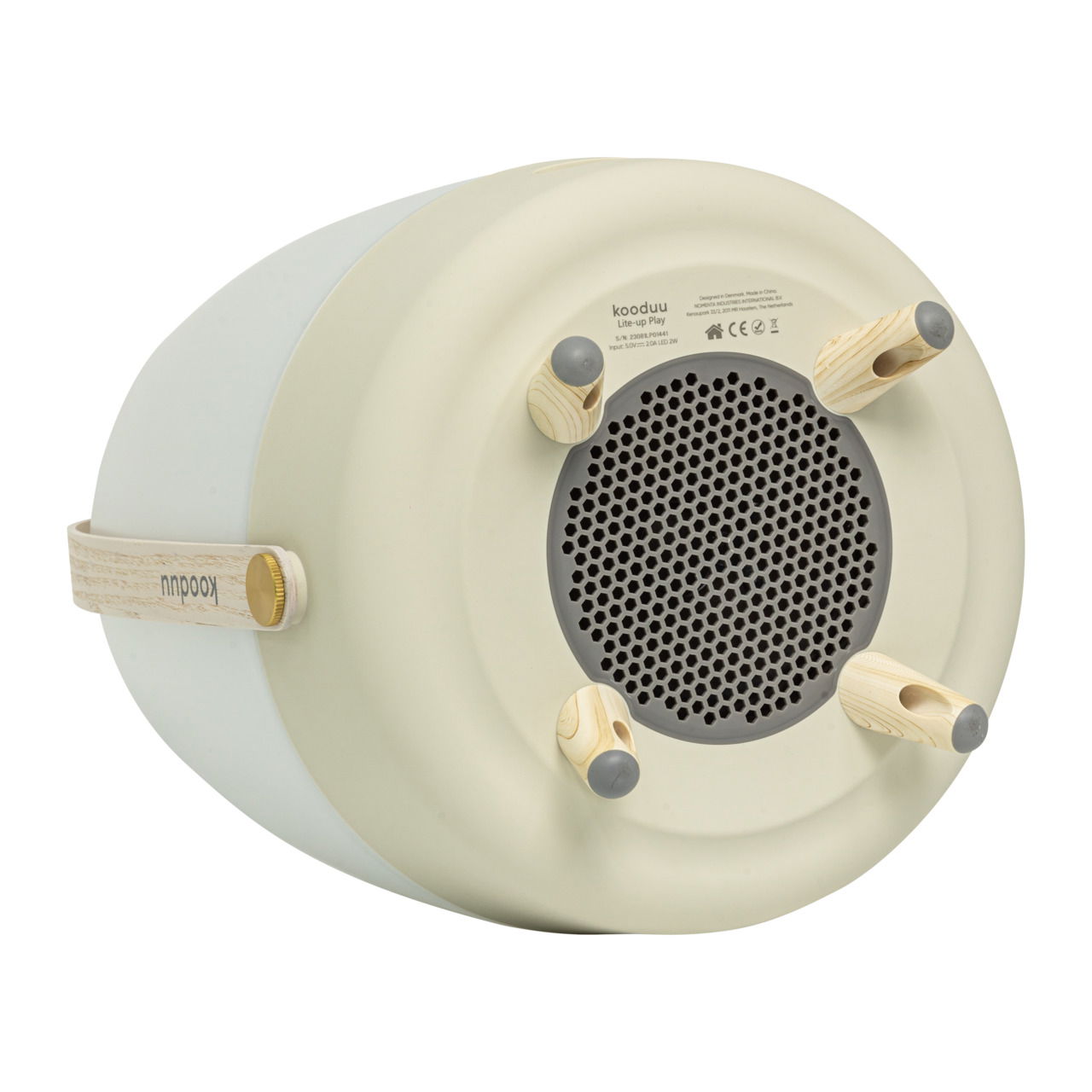 Unteransicht eines Lite-up Play JBL Sand Lautsprechers mit Holzfüßen und Tragegriff.