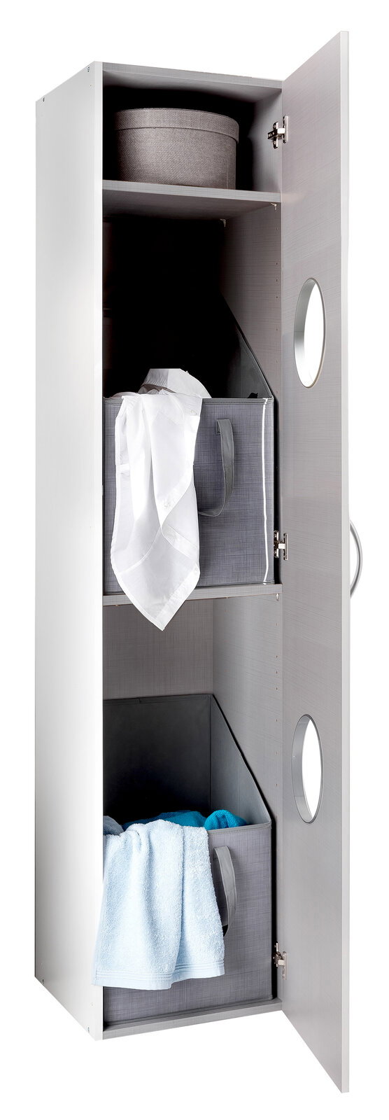 XORA Wäscheschrank MULTIRAUMKONZEPT Offener Wäscheschrank mit zwei grauen Aufbewahrungsboxen und einem runden Behälter, Ansicht von vorne.