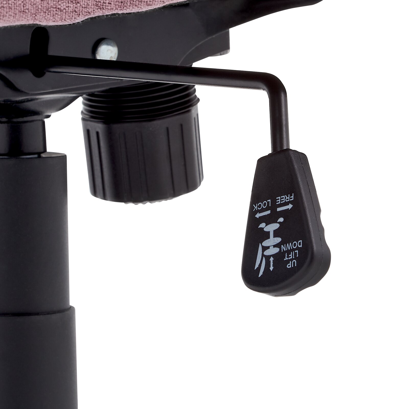 Nahaufnahme eines Drehstuhls mit Fokus auf die Höhenverstellung und Arretierung aus seitlicher Perspektive.