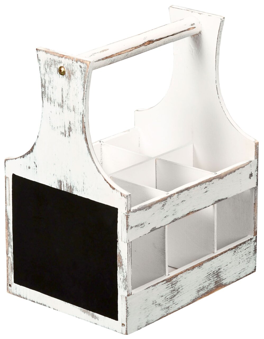 Weißer, vintage-inspirierter Soßen- und Besteckträger mit sechs Fächern und einer schwarzen Tafel an der Seite, seitliche Perspektive.