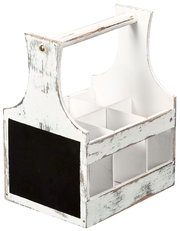 Weißer, vintage-inspirierter Soßen- und Besteckträger mit sechs Fächern und einer schwarzen Tafel an der Seite, seitliche Perspektive.