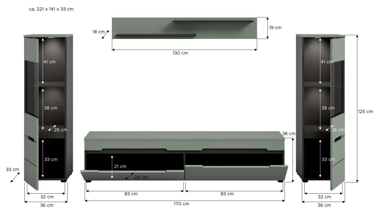 Bemaßte technische Ansicht eines modernen TV-Wohnwand-Sets in Grau/Schwarz mit zwei hohen Vitrinen/Schränken, einem Lowboard mit zwei Klappenfächern und einem Wandboard; Frontansicht mit Maßangaben (u. a. Gesamt ca. 221 × 141 × 33 cm).