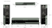 Bemaßte technische Ansicht eines modernen TV-Wohnwand-Sets in Grau/Schwarz mit zwei hohen Vitrinen/Schränken, einem Lowboard mit zwei Klappenfächern und einem Wandboard; Frontansicht mit Maßangaben (u. a. Gesamt ca. 221 × 141 × 33 cm).