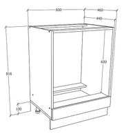 Technische Strichzeichnung eines offenen Unterschranks/Küchenschranks mit Sockel und Innenboden, Maße ca. 600 mm Breite, 816 mm Höhe und 460 mm Tiefe, perspektivische Ansicht schräg von vorne links.