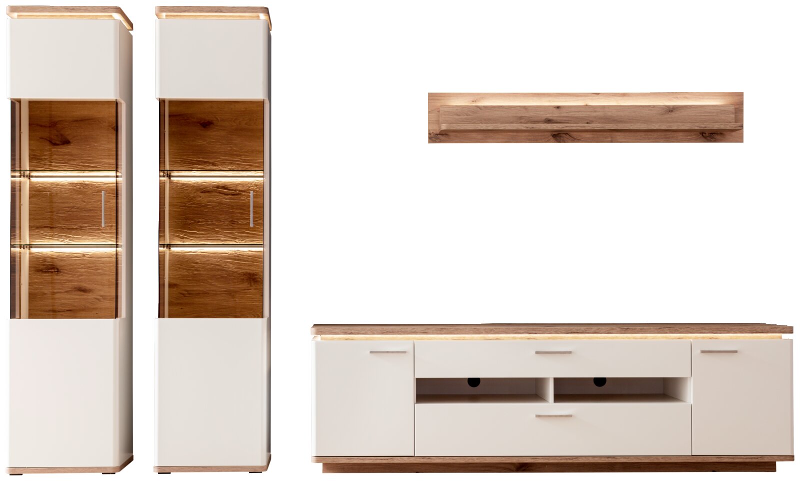 Wohnzimmermöbel-Set mit hoher Vitrine und TV-Lowboard in Weiß und Holzoptik mit integrierter LED-Beleuchtung, Frontansicht; zusätzlich Detailansicht des Holz-Wandboards von vorne