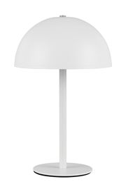 Weiße Akku-Tischleuchte MUNOZ von Reality Leuchten, frontal abgebildet mit rundem Schirm und schlankem Standfuß.