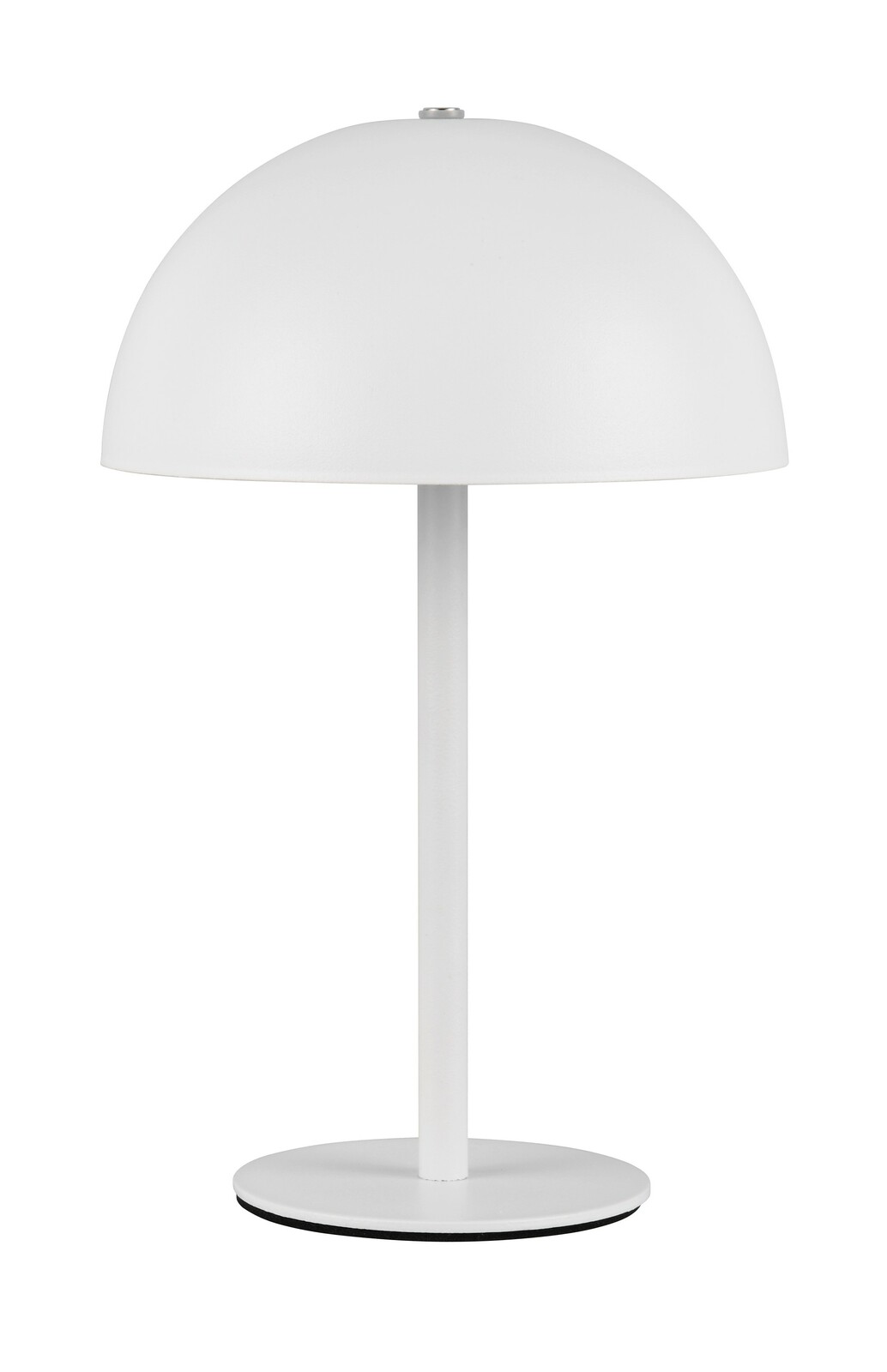 Weiße Akku-Tischleuchte MUNOZ von Reality Leuchten, frontal abgebildet mit rundem Schirm und schlankem Standfuß.