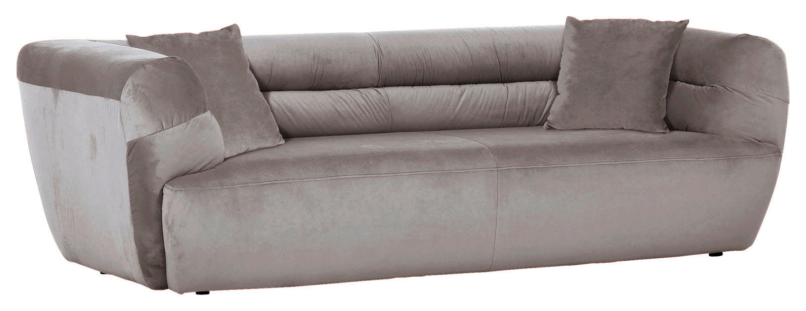 Graues Big-Sofa mit zwei Kissen, seitliche Perspektive
