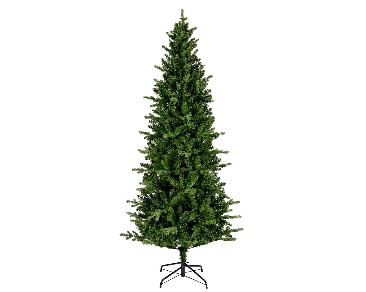 Everlands Kunstmatige Killington-spar 210 cm Kunstkerstboom in de vorm van een dennenboom, van voren gefotografeerd, met een stevige metalen standaard.