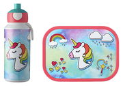 Campus-Set 2-tlg. Einhorn mit Trinkflasche und Brotdose, bunte Einhorn-Illustration mit Regenbogen und Herzen, Vorderansicht