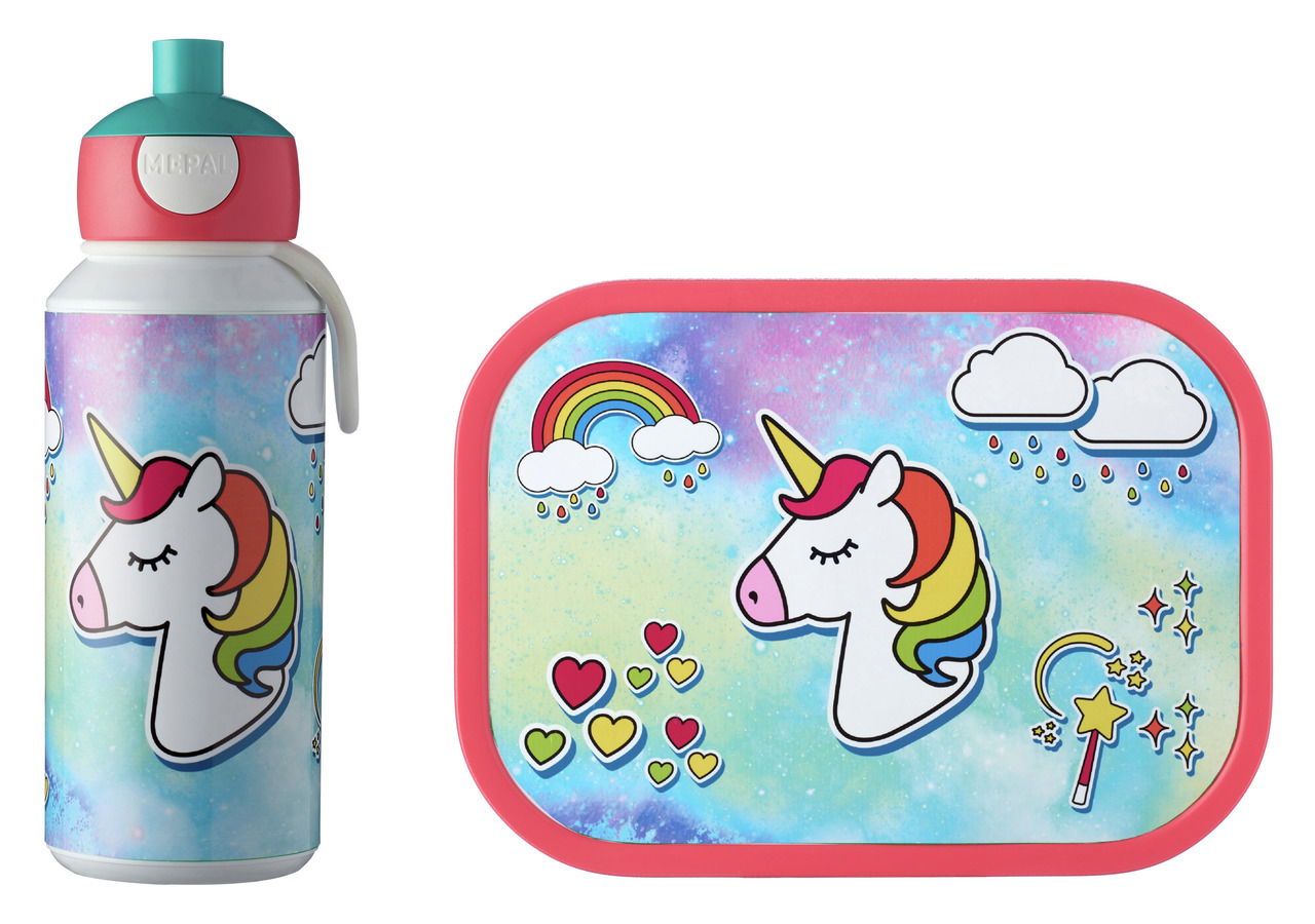 Campus-Set 2-tlg. Einhorn mit Trinkflasche und Brotdose, bunte Einhorn-Illustration mit Regenbogen und Herzen, Vorderansicht