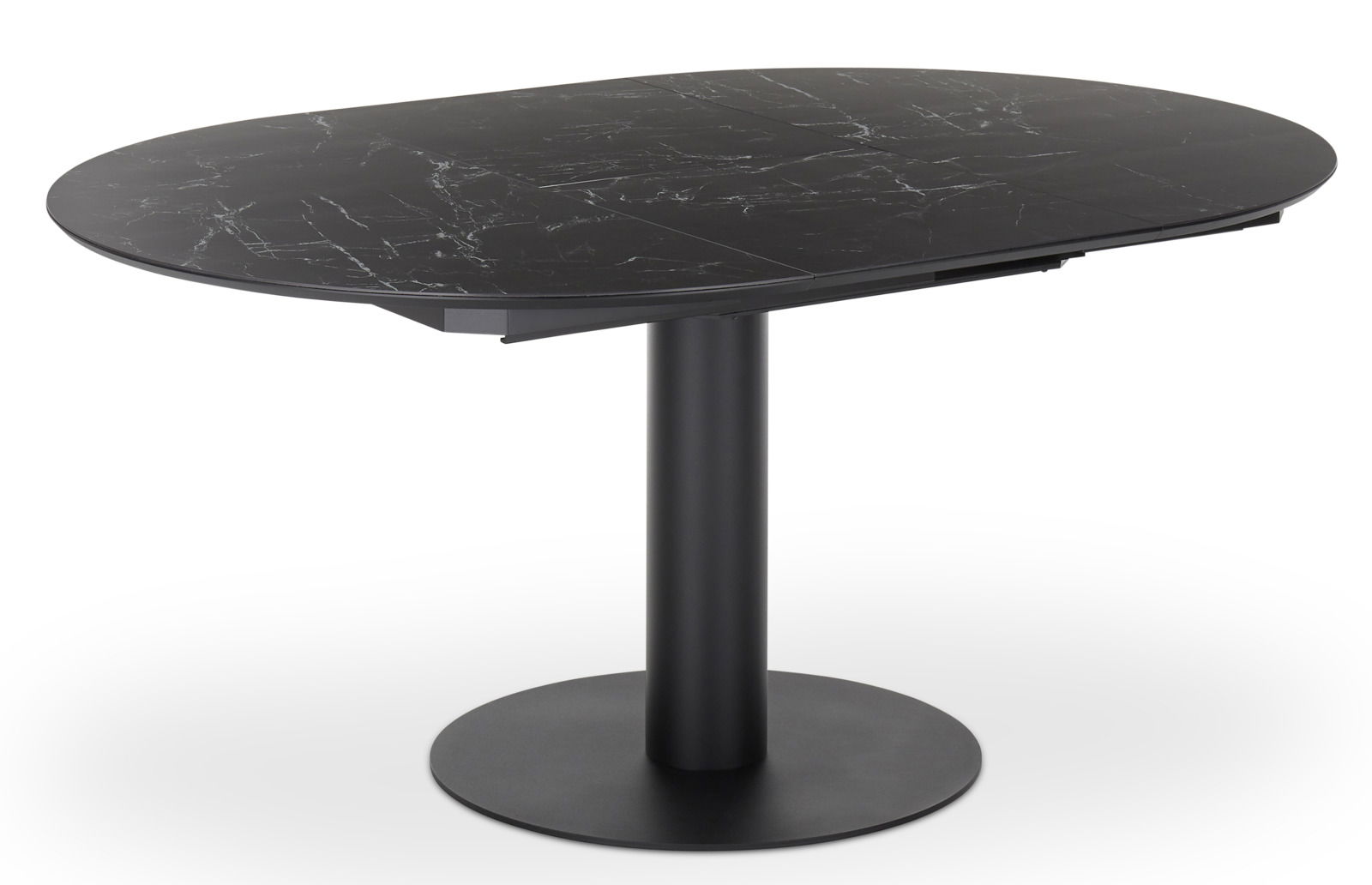 Schwarzer Esstisch mit ovaler Marmoroptik-Tischplatte und zentralem Standfuß, seitliche Perspektive