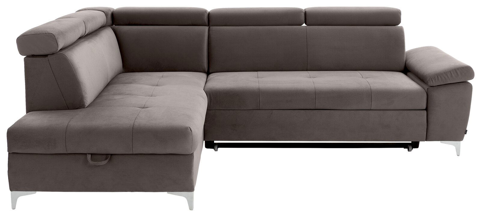 Graues Ecksofa mit verstellbaren Kopfstützen, Ansicht von vorne.