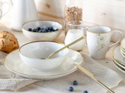 Weißes, gesprenkeltes Geschirr-Set mit goldfarbenem Rand (Schale auf Teller und Tasse) auf hellem Holztisch, dekoriert mit Blaubeeren, Milch und Müsli; Perspektive: leicht von oben in schräger Frontansicht.