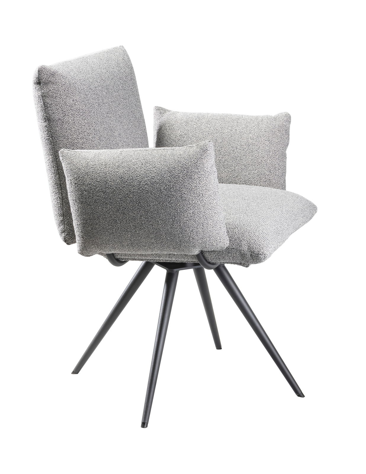 Grauer Sessel mit gepolsterten Armlehnen und schwarzem Metallgestell, seitliche Perspektive