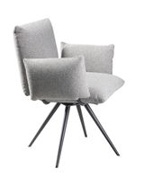 Grauer Sessel mit gepolsterten Armlehnen und schwarzem Metallgestell, seitliche Perspektive