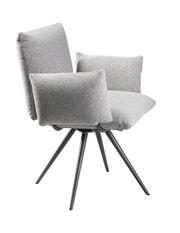 Grauer Sessel mit gepolsterten Armlehnen und schwarzem Metallgestell, seitliche Perspektive