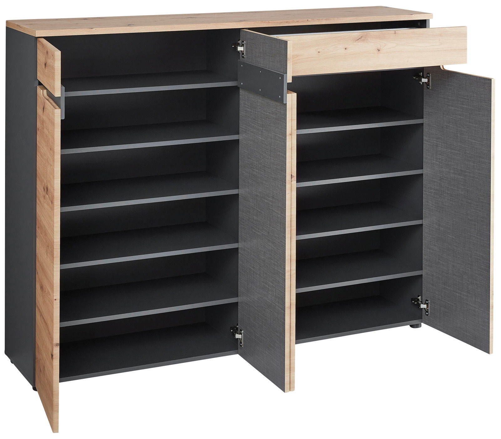 XL-Schuhschrank mit offenen Türen und Schublade, seitliche Perspektive