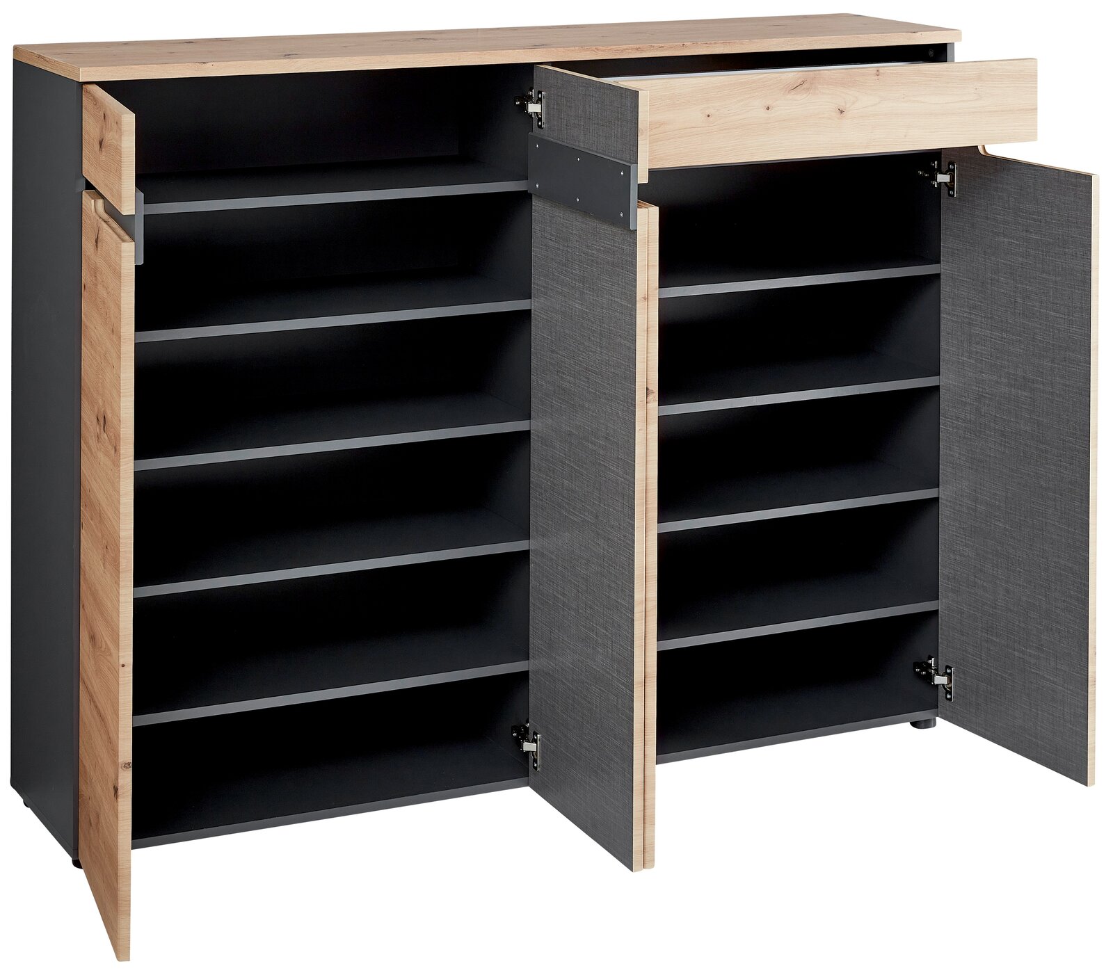 XL-Schuhschrank mit offenen Türen und Schublade, seitliche Perspektive