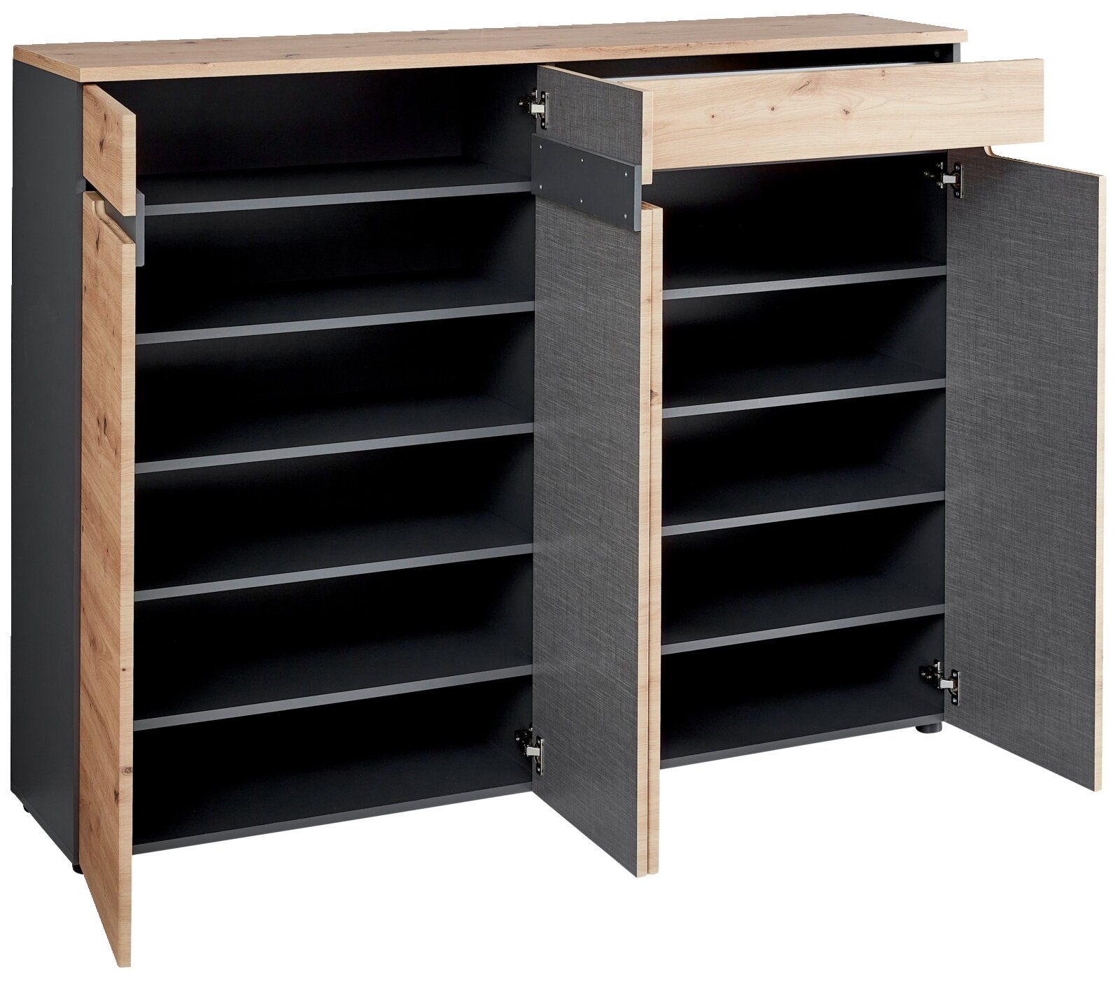 XL-Schuhschrank mit offenen Türen und Schublade, seitliche Perspektive