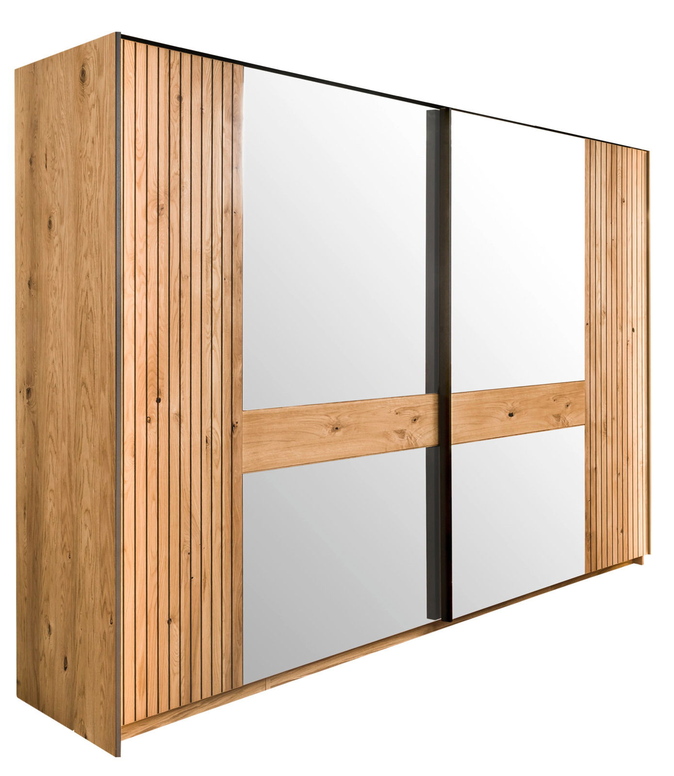 Schwebetürenschrank 2-türig aus Holz mit Spiegeln, seitliche Perspektive
