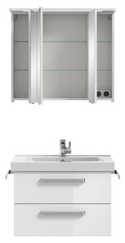 Frontansicht einer modernen Badkombination mit Spiegelschrank und Waschbeckenunterschrank in Weiß.
