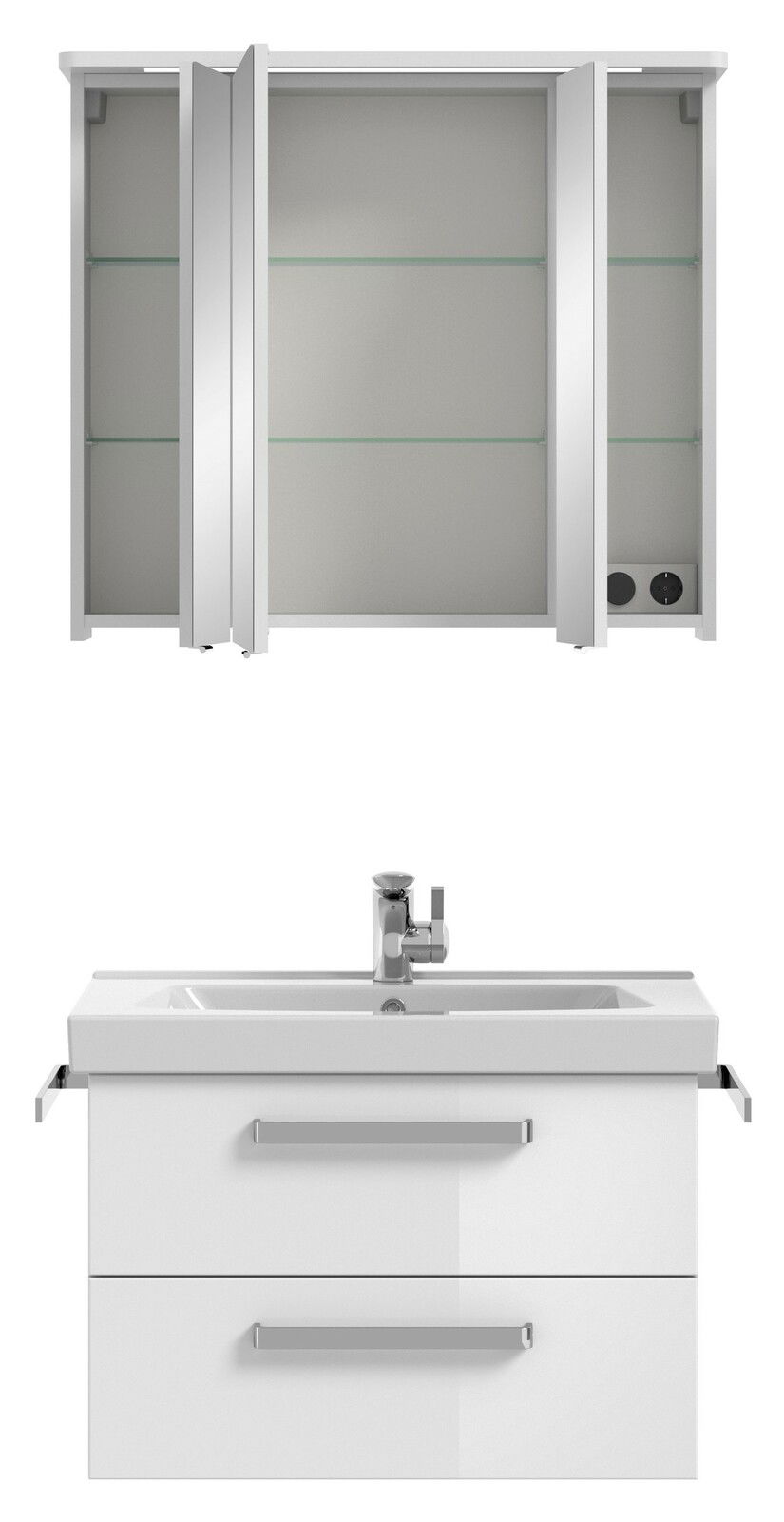 Frontansicht einer modernen Badkombination mit Spiegelschrank und Waschbeckenunterschrank in Weiß.