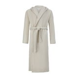 Beiger Kapuzenbademantel in Größe L, frontal abgebildet mit Gürtel.