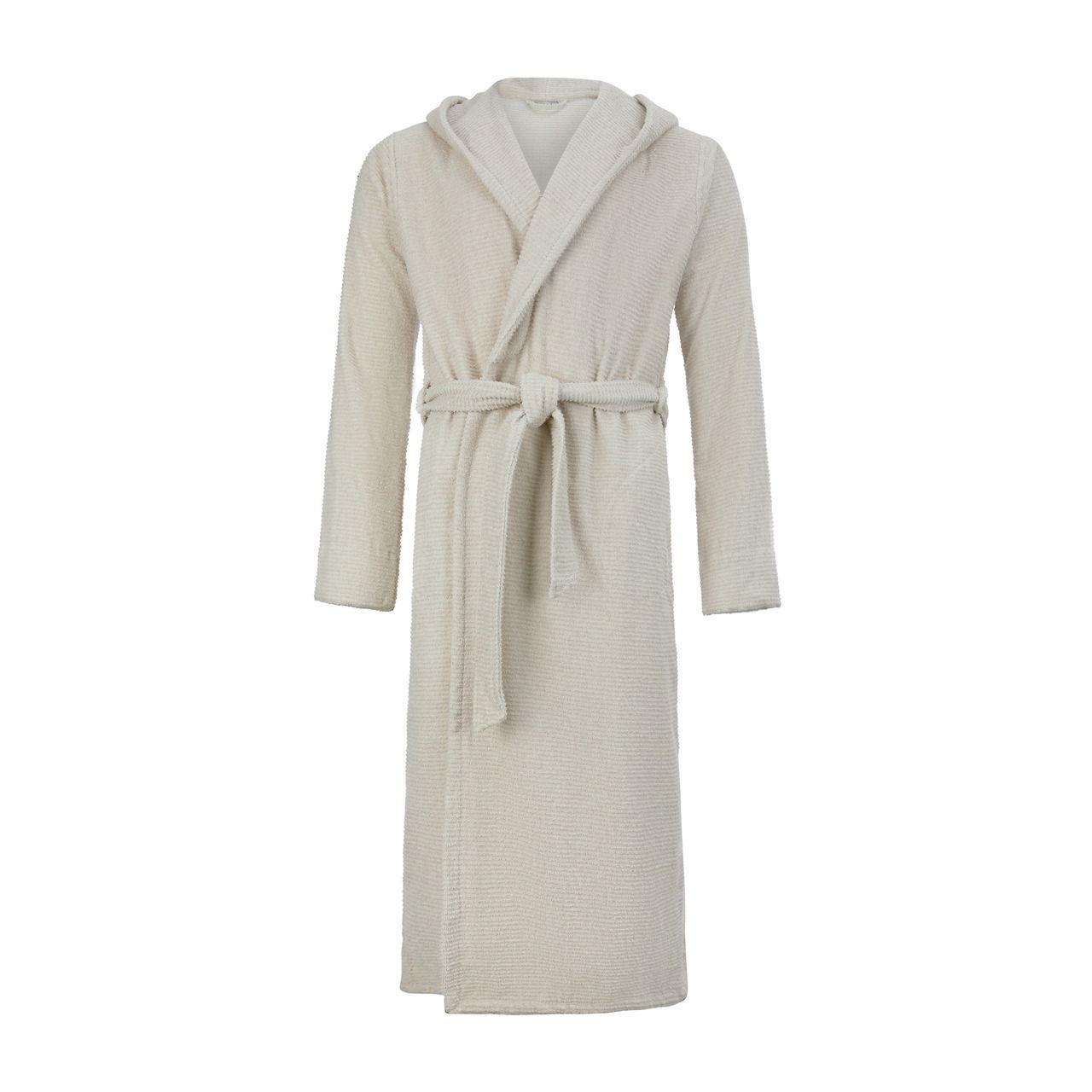 Beiger Kapuzenbademantel in Größe L, frontal abgebildet mit Gürtel.