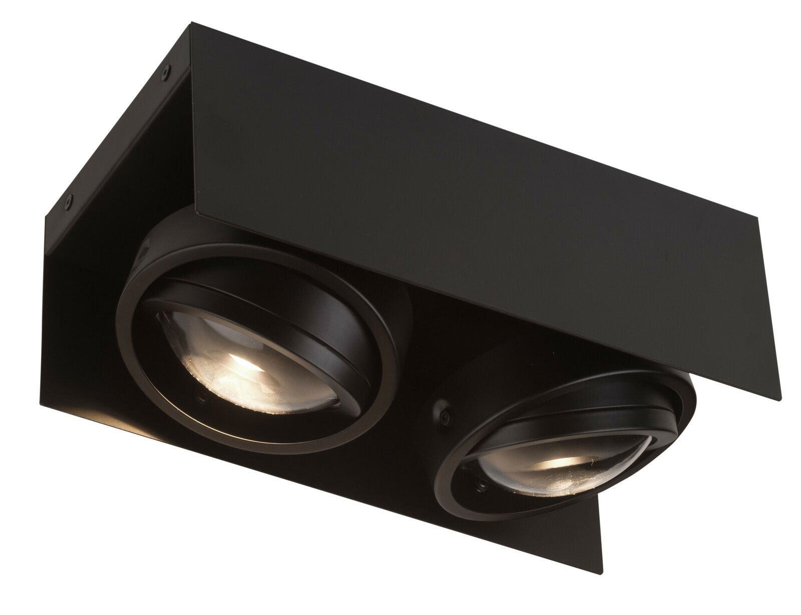 Schwarze LED Aufbauleuchte mit zwei runden Strahlern, Perspektive von unten