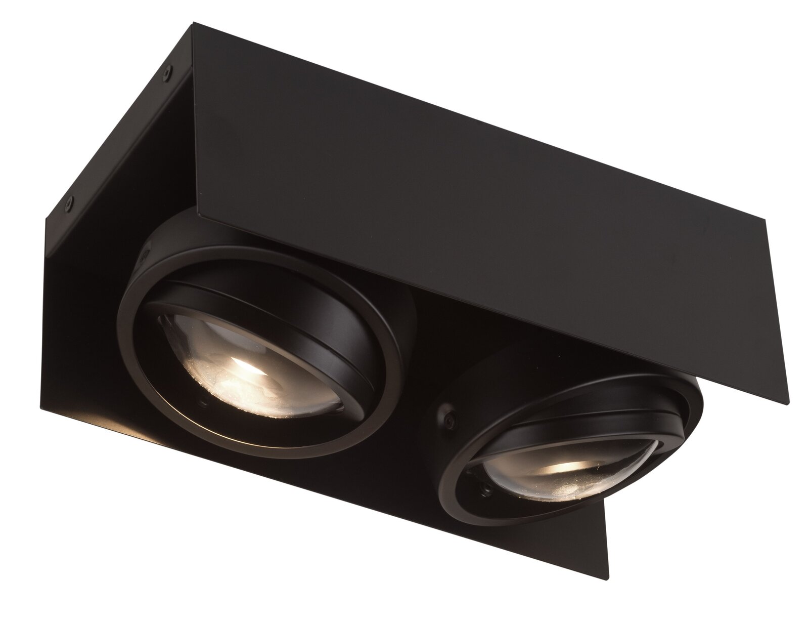 Schwarze LED Aufbauleuchte mit zwei runden Strahlern, Perspektive von unten