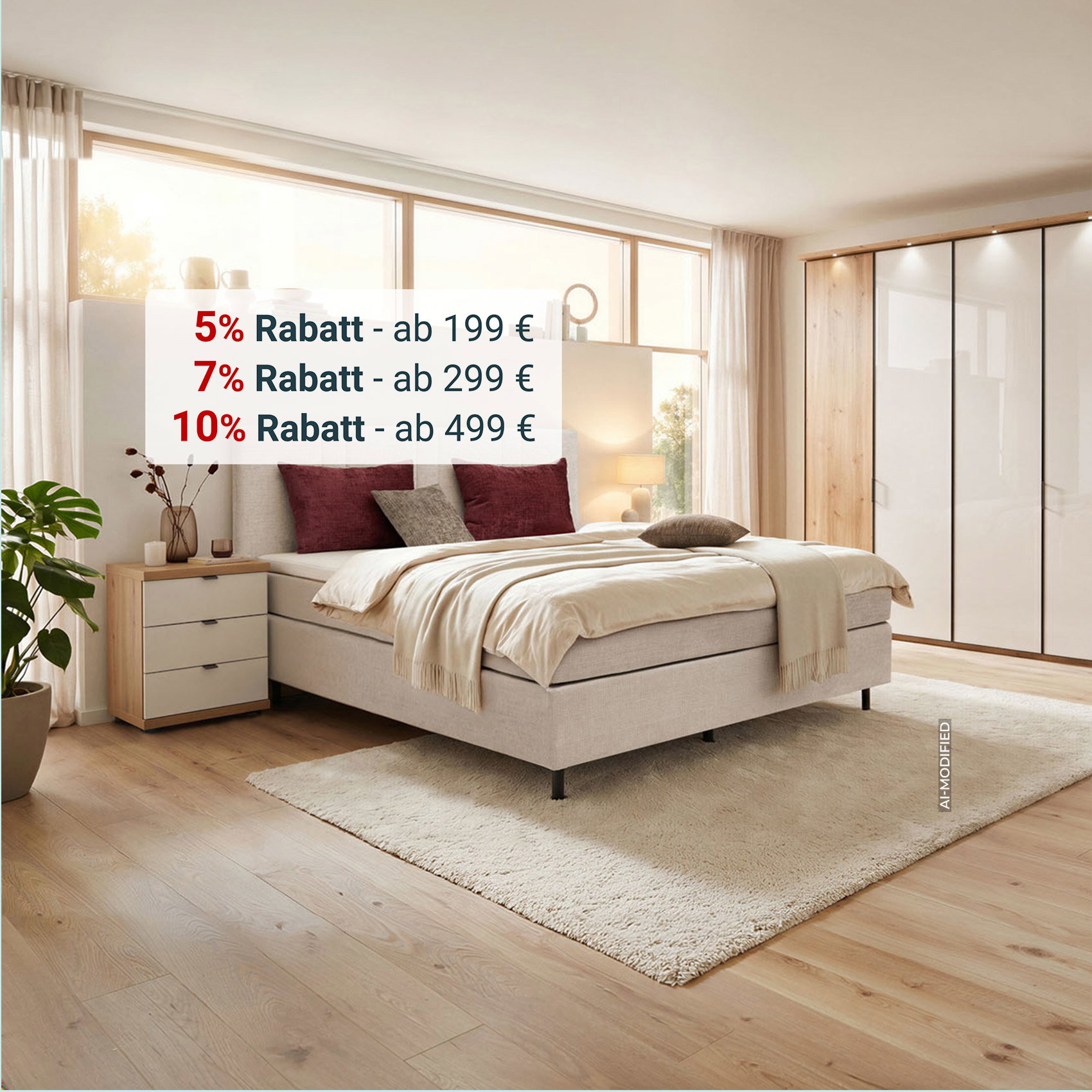 Modernes Schlafzimmer mit Online-Rabattaktion: bis zu 10 % Rabatt ab 199 € mit dem Code BESTDEAL.